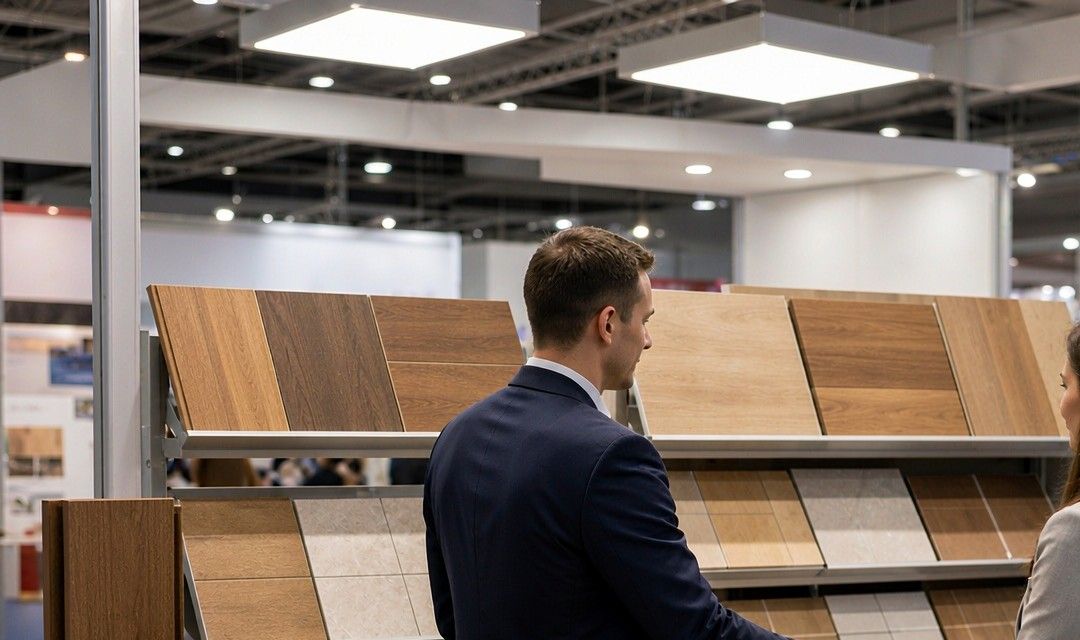 Business handshake at a materials booth