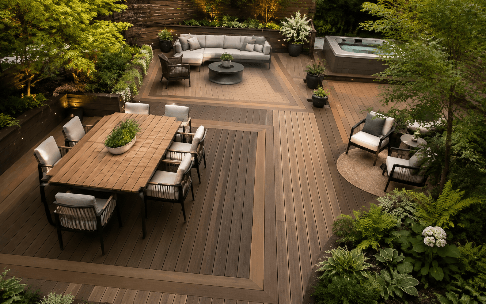 Multi-zone WPC decking with dining lounge and wellness areas