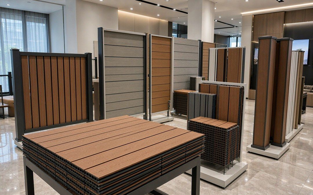 Full range of WPC outdoor building materials in a showroom