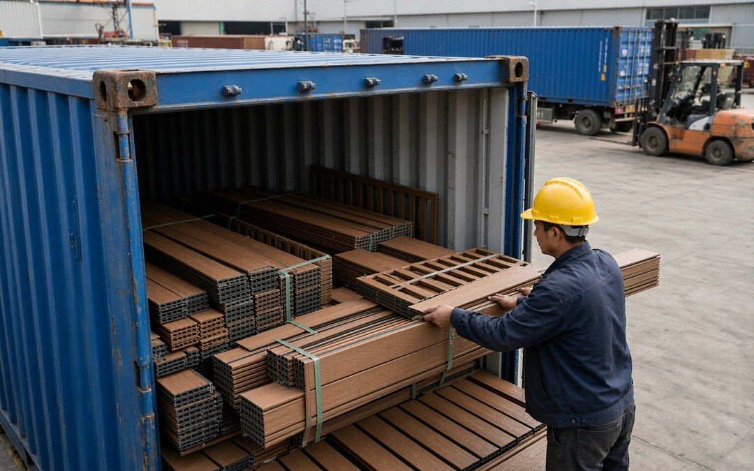 Workers loading a mixed export container with WPC products