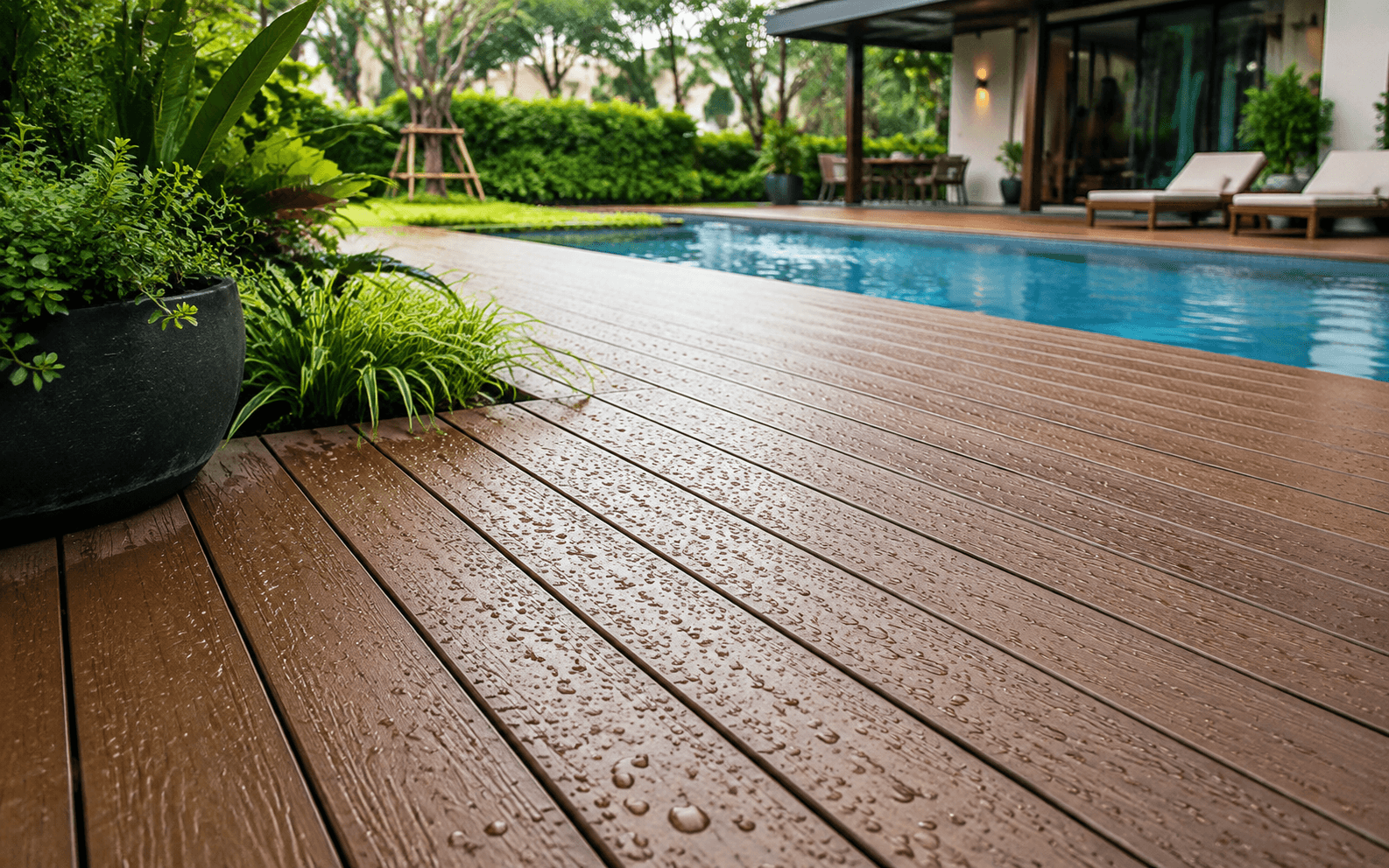 Weather-resistant WPC decking for wet and poolside environments