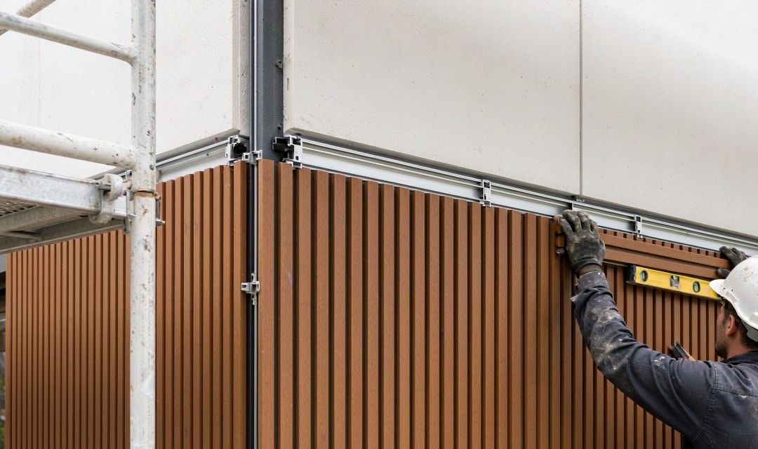 Installing WPC cladding panels with concealed clip system on scaffolding