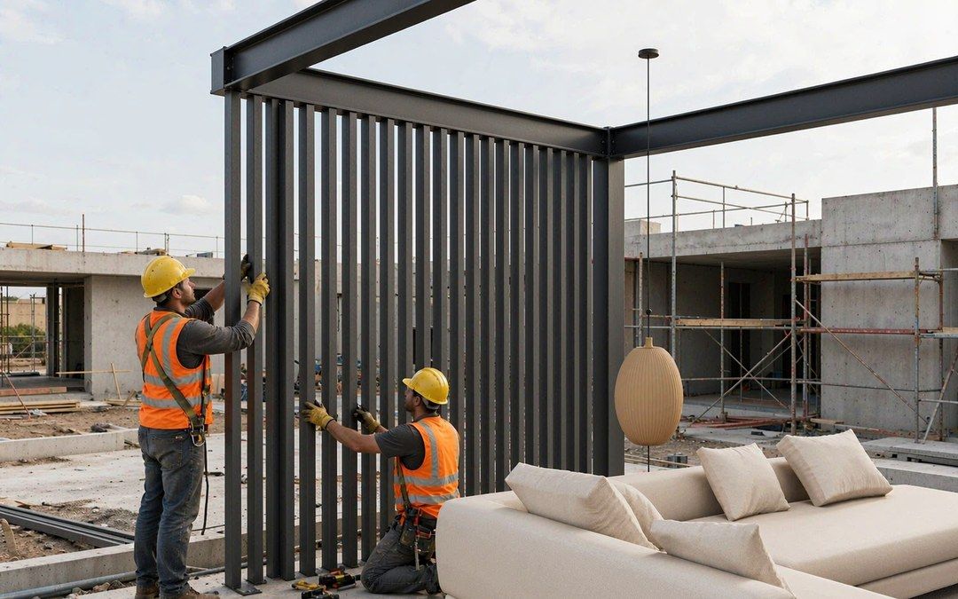 Installers mounting WPC composite columns on a pergola frame