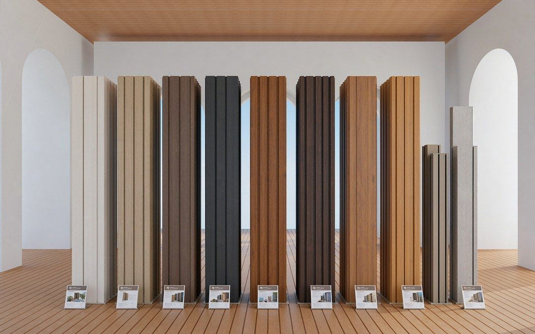 WPC column profiles displayed in multiple wood-tone colors