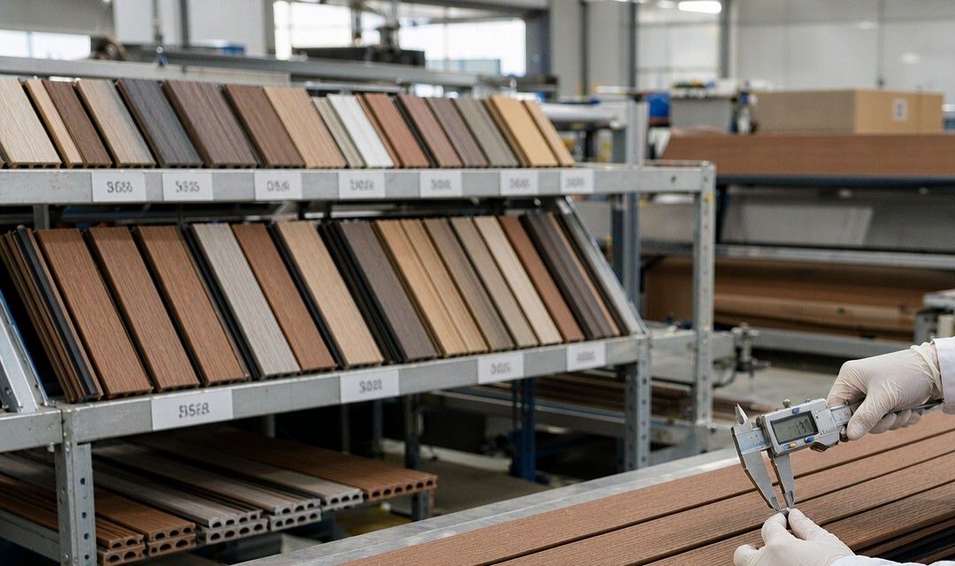 QC inspector checking WPC decking boards in factory