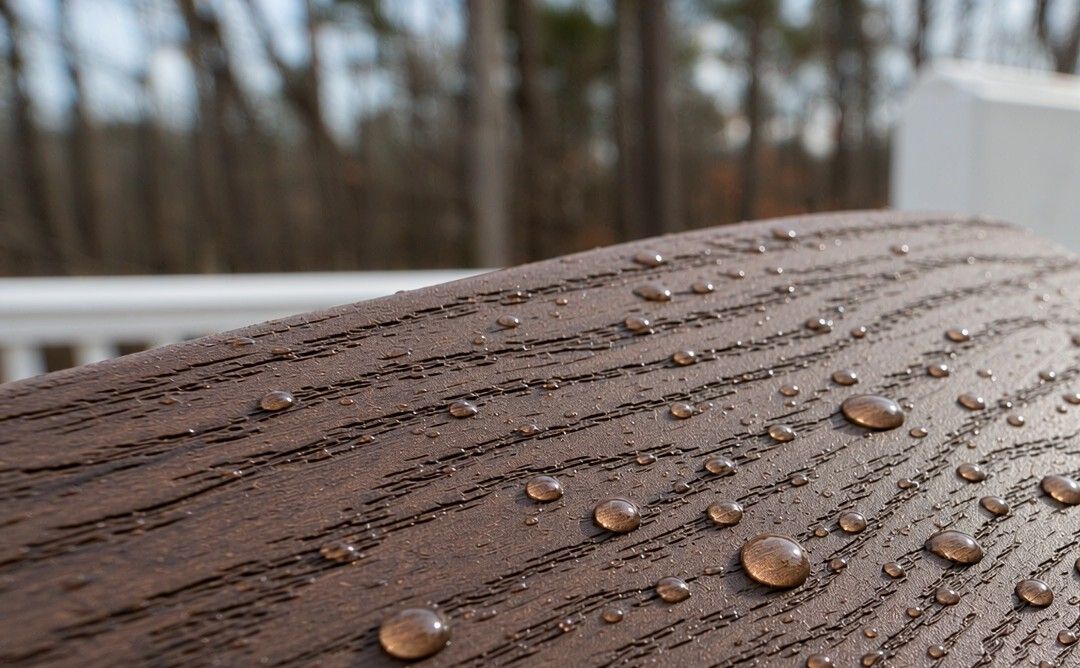 Water droplets beading on waterproof WPC fence panel texture