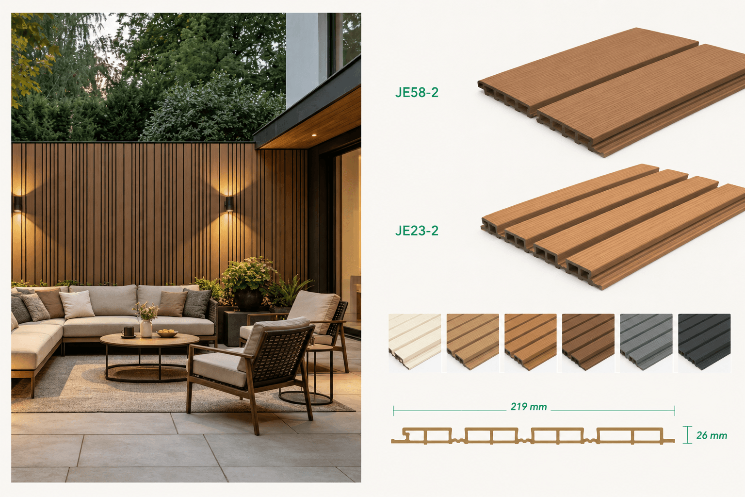 WPC wall cladding profiles, colors and outdoor application