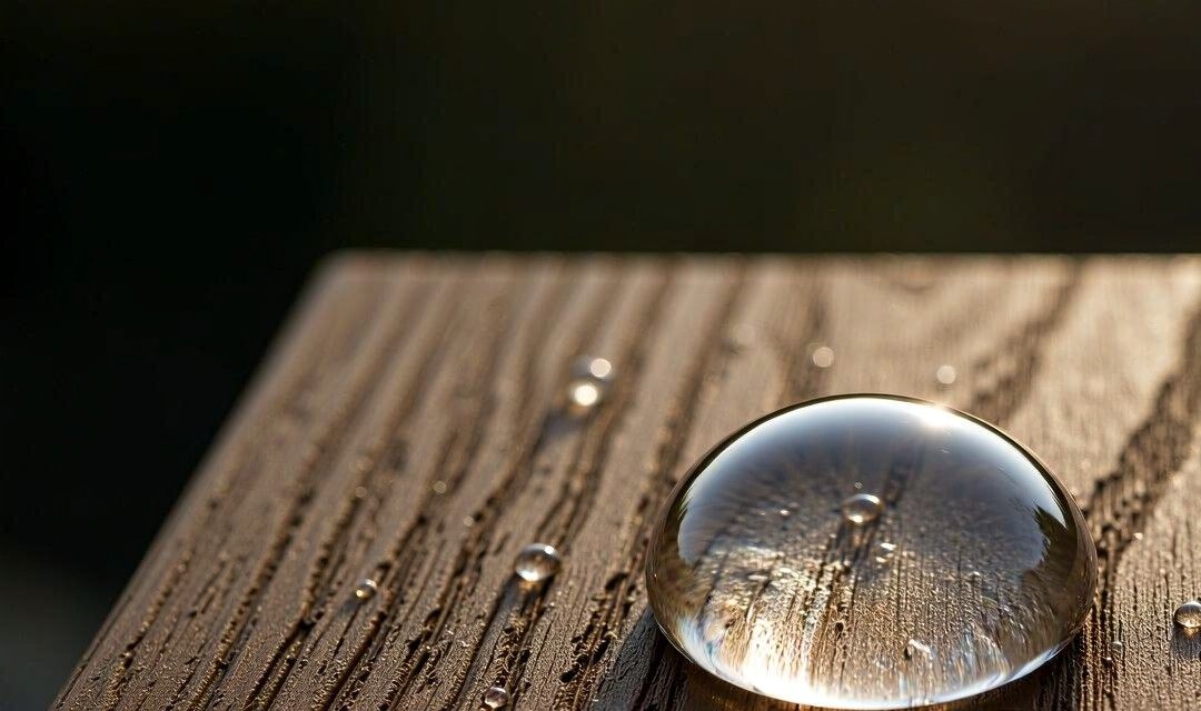 Water droplet beading on WPC composite surface macro